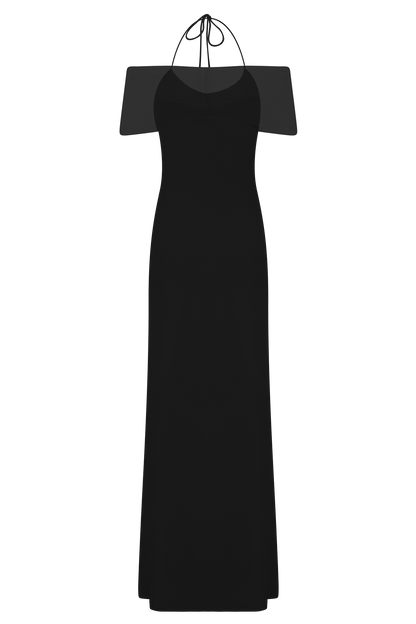 Bernadina Robe Maxi Halter en Maille et Tissu Élastique - Noir
