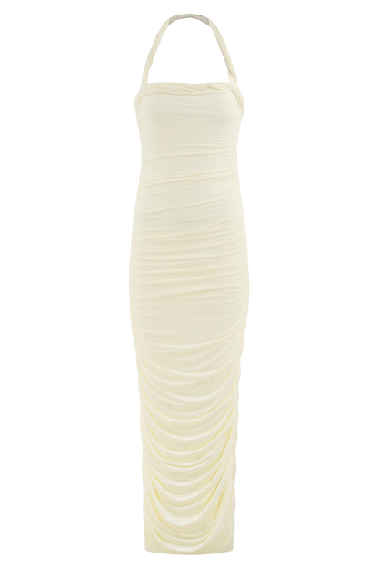 Robe midi à col montant et plis Camila - Ivoire