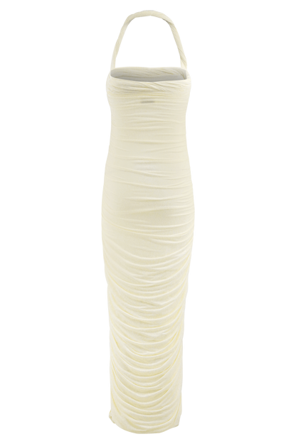 Robe midi à col montant et plis Camila - Ivoire
