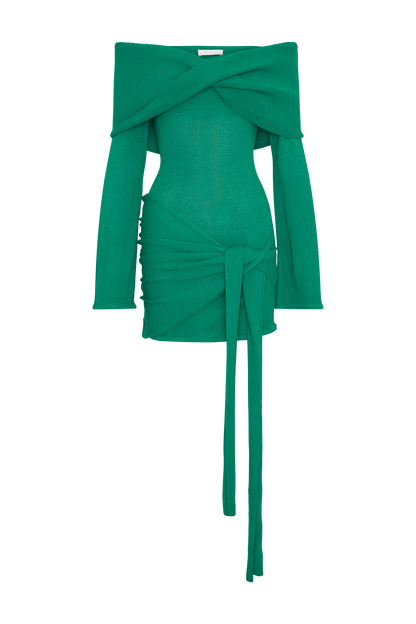 Mini-robe en jersey côtelé à épaules dénudées avec lacet - Vert