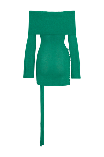 Mini-robe en jersey côtelé à épaules dénudées avec lacet - Vert