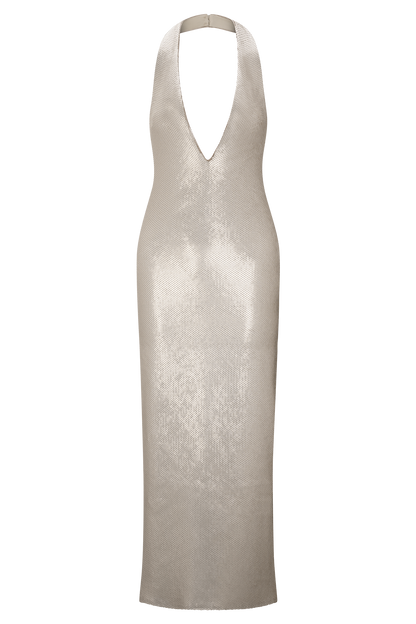 Robe midi halter à paillettes couleur chair - Or