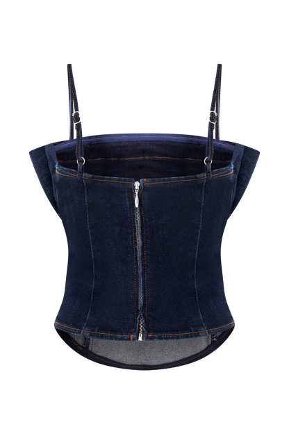 Corset en jean à volants Cecilia - Bleu indigo