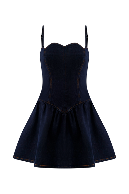 Mini-robe en jean à volants Cheyenne - Bleu indigo