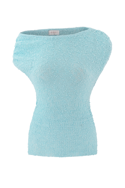 Top en tricot bouclé à épaules dénudées Chloe - Bleu clair