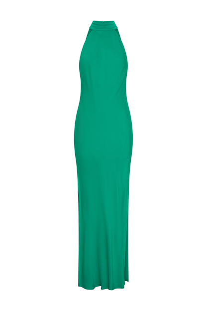Claire Robe Maxi en Satin avec Décolleté Croisé et Fente - Verte