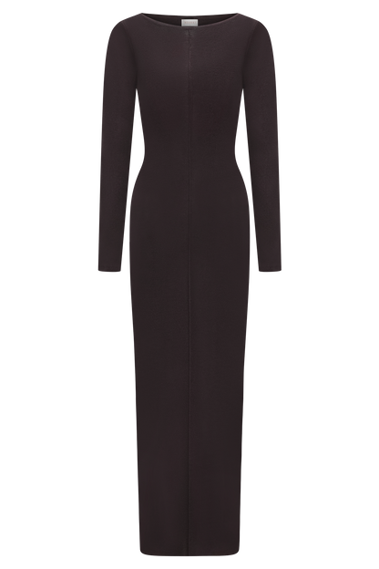 Robe Maxi à Manches Longues en Tricot de Laine Mérinos Cleona - Chocolat Intense