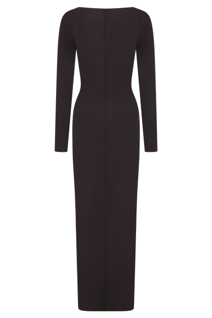 Robe Maxi à Manches Longues en Tricot de Laine Mérinos Cleona - Chocolat Intense