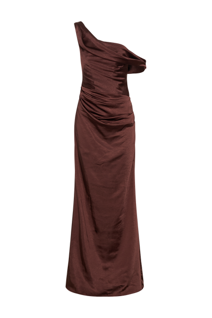 Robe Maxi en Satin Dalia à Manches Décolletées - Chocolat Noir