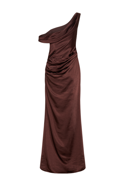 Robe Maxi en Satin Dalia à Manches Décolletées - Chocolat Noir