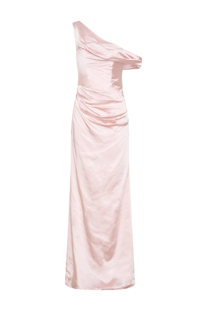 Robe Maxi en Satin Dalia à Manches Décolletées - Rose Poudré