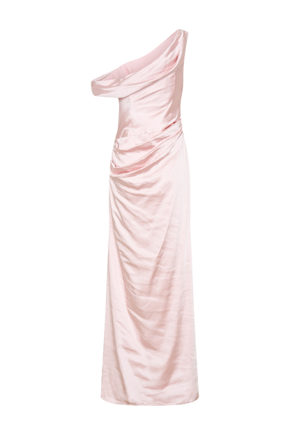 Robe Maxi en Satin Dalia à Manches Décolletées - Rose Poudré