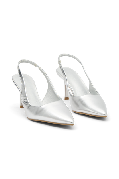 Dasha - Chaussures à talons compensés à bout ouvert en cuir verni - Argent