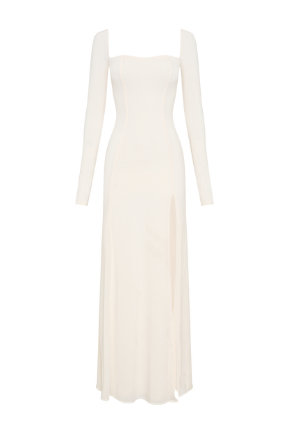 Robe longue Desirie à manches longues et fente - Ivoire
