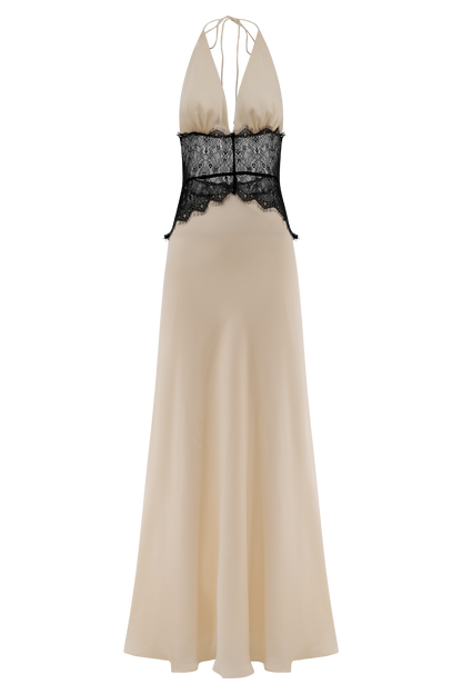 Maxi-robe en dentelle et satin Dinah - Noir/Ivoire