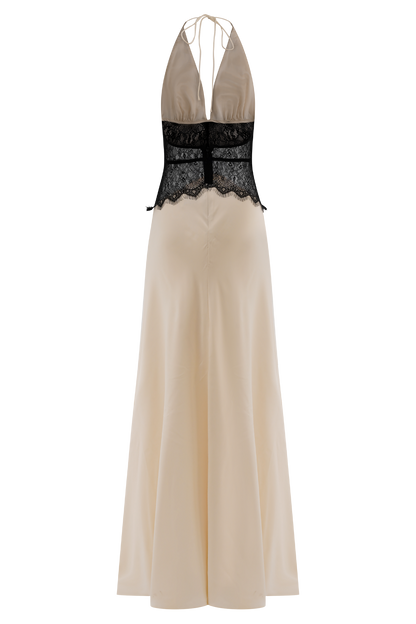 Maxi-robe en dentelle et satin Dinah - Noir/Ivoire