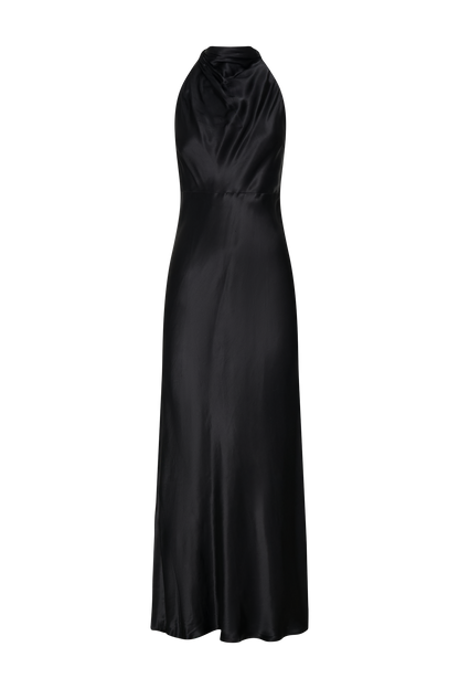 Robe longue satinée irisée à col montant Esther - Noir
