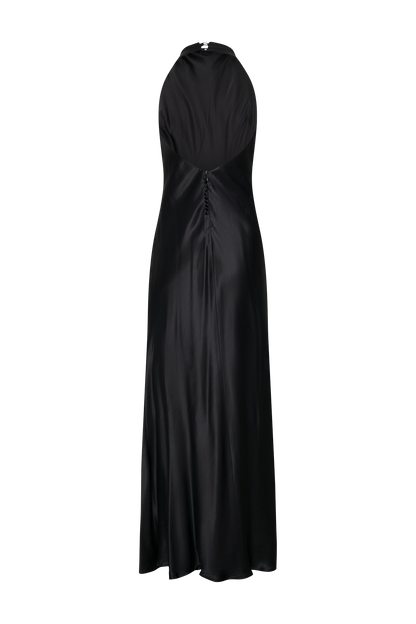 Robe longue satinée irisée à col montant Esther - Noir