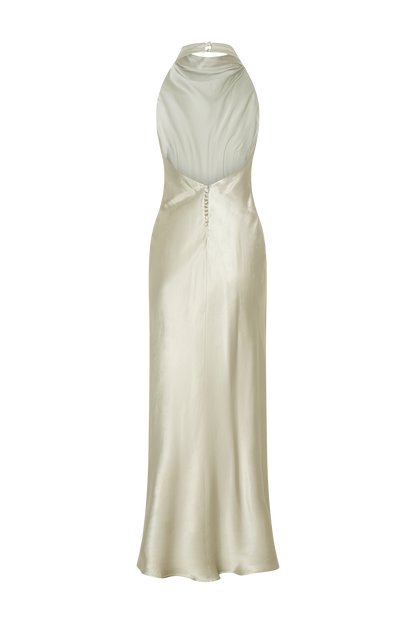 Robe longue satinée irisée à col châle Esther - SAGE