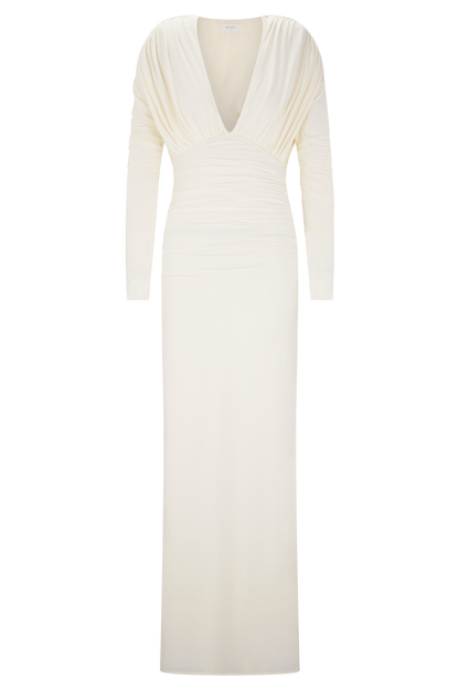 Robe longue maxi à manches longues et décolleté plongeant Hayden - Ivoire