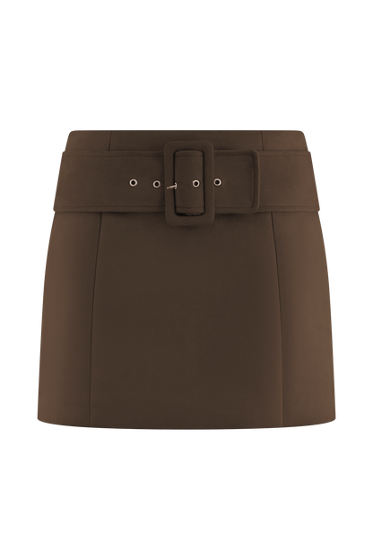 Jupe mini en similicuir daim avec ceinture - Chocolat