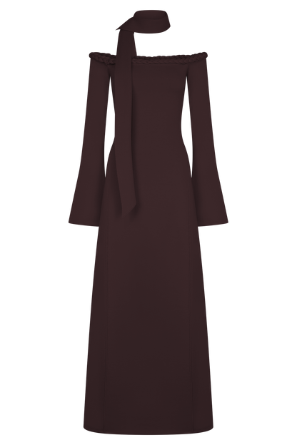 Robe Maxi en Tricot sans Bretelles Heidi avec Écharpe - Chocolat Noir