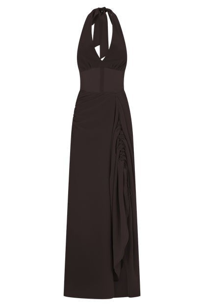 Jonna Robe Maxi en Chiffon et Maille - Chocolat Noir