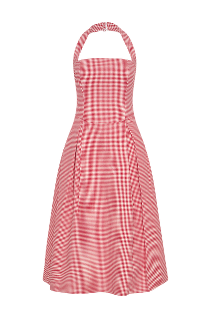 Juana, robe midi à col montant - carreaux rouges