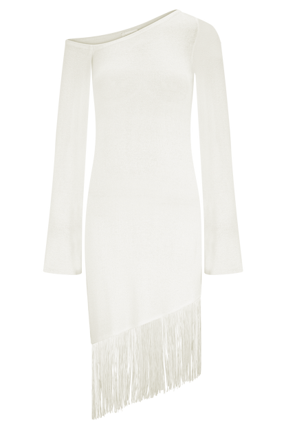 Mini-robe en tricot à franges et épaules dénudées Kayden - Ivoire