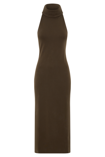 Robe midi à col montant Kennedy - Chocolat