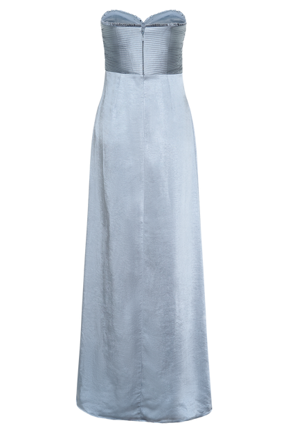 Robe maxi en satin Larissa avec pétales froncés - Bleu givré