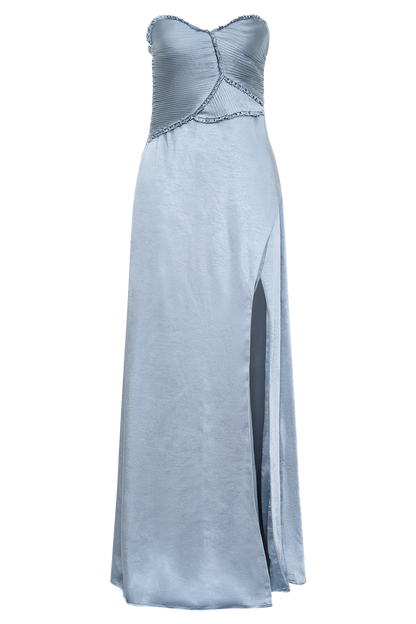 Robe maxi en satin Larissa avec pétales froncés - Bleu givré