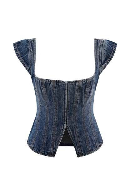 Top en jean à manches courtes Loretta - Bleu foncé délavé