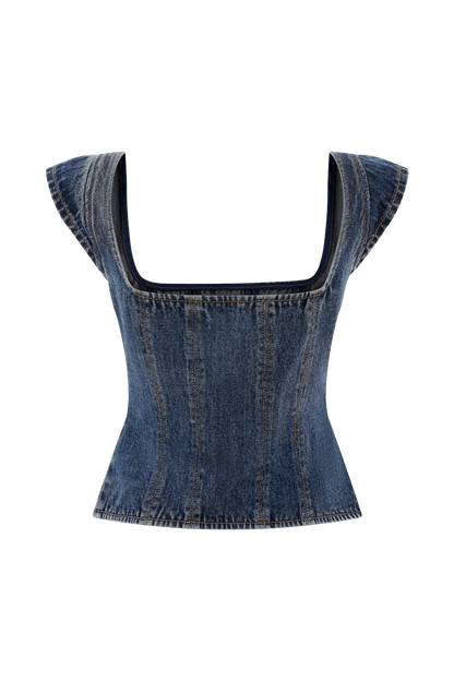 Top en jean à manches courtes Loretta - Bleu foncé délavé