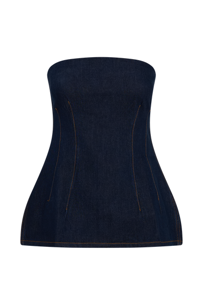 Madelyn Haut en jean sans bretelles et long - Bleu indigo