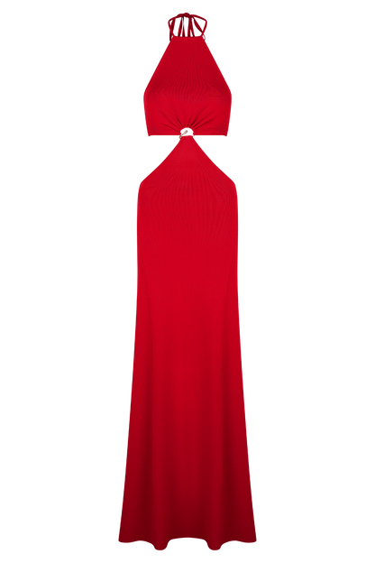 Marlowe Robe Maxi Tricotée à Manches Frangées - Rouge