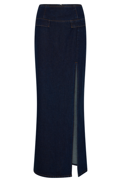 Jupe Maxi en Jean Maylena à Taille Haute - Bleu Indigo