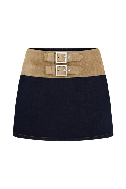 Jupe mini en jean à ceinture et effet daim de Miranda - Bleu indigo