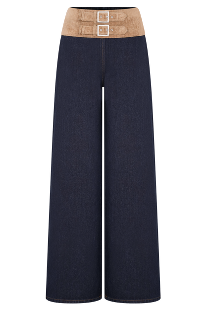 Jeans taille large en jean effet daim avec ceinture - Bleu indigo