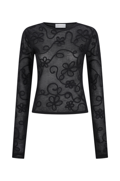 Top en tricot à manches longues brodé Omari - Noir