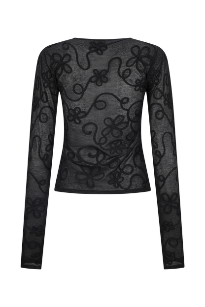 Top en tricot à manches longues brodé Omari - Noir