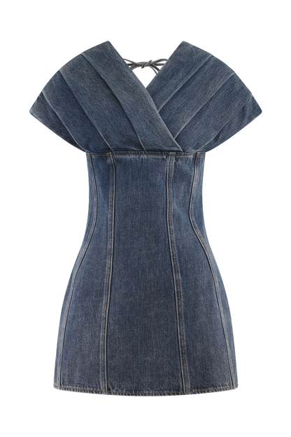 Mini-robe en jean à épaules dénudées Pascale - Bleu foncé délavé