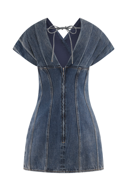 Mini-robe en jean à épaules dénudées Pascale - Bleu foncé délavé