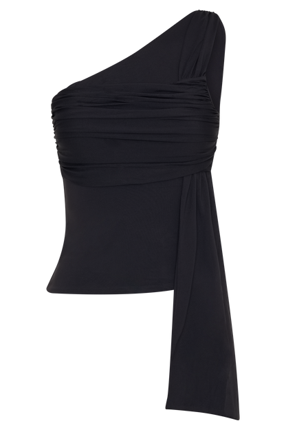 Sera Haut en nylon recyclé à une épaule avec drapé - Noir