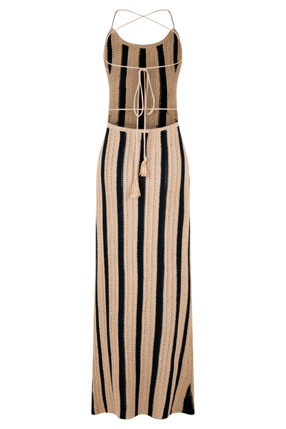 Robe Maxi Crochetee à Manches Frangées - Or/Noir