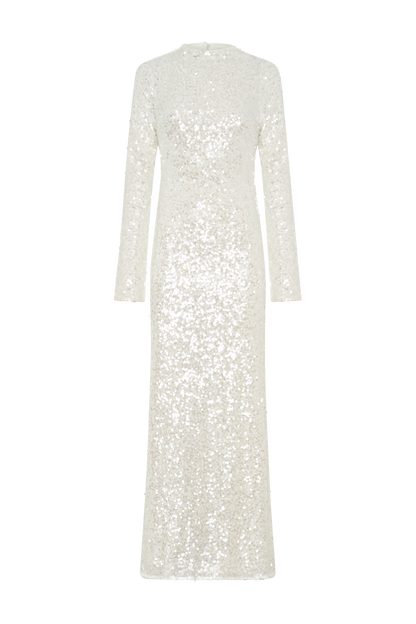 Robe Maxi Sofia à Manches Longues et Paillettes - Blanche
