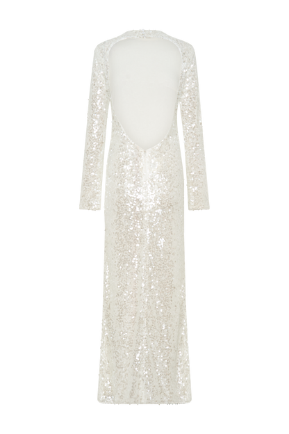 Robe Maxi Sofia à Manches Longues et Paillettes - Blanche