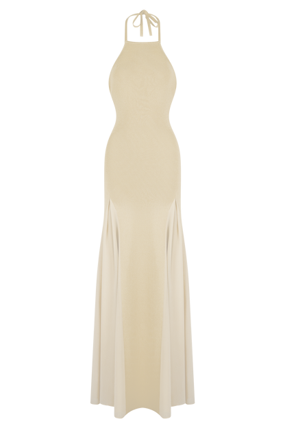 Robe Maxi Soleil en Tricot et Maille avec Décolleté Halter - Crème