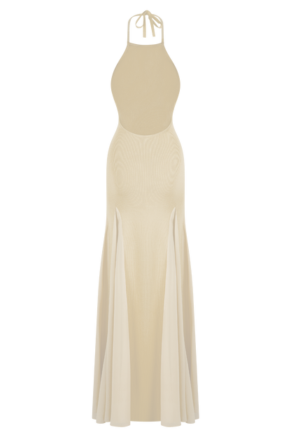 Robe Maxi Soleil en Tricot et Maille avec Décolleté Halter - Crème