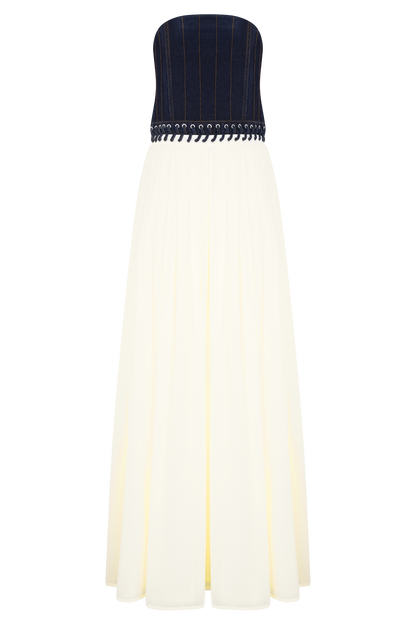 Robe maxi en jean et mousseline de soie Suella - Bleu indigo
